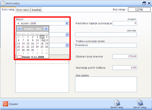 Putni nalog - unos putnog naloga - odabir datuma