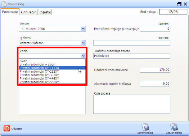 Putni nalog - unos putnog naloga - odabir vozila